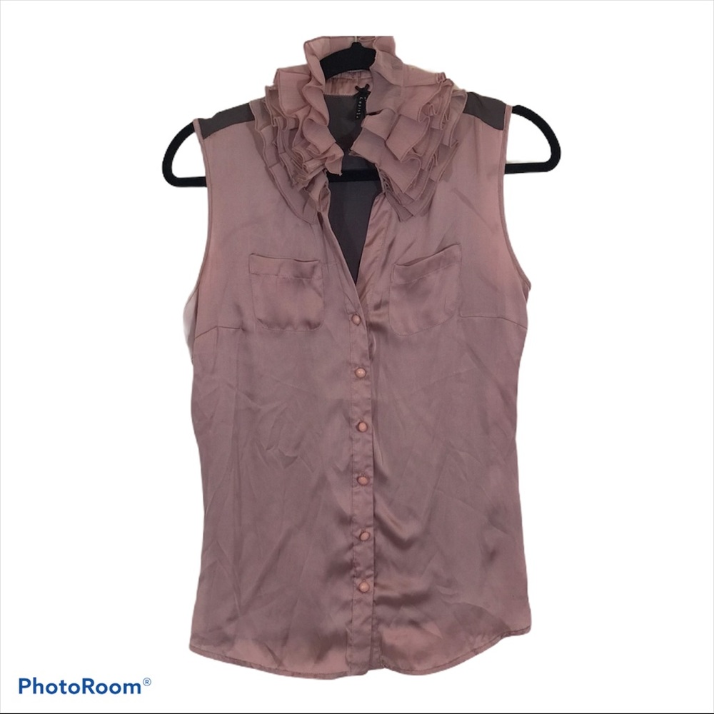 Lapis Ruffle Collar Sleeveless Silky Top Sz L